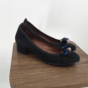Hispanitas Jedda Black Suede‎ Pom Pom Block Heel Pumps Size 38/8 Made in Spain